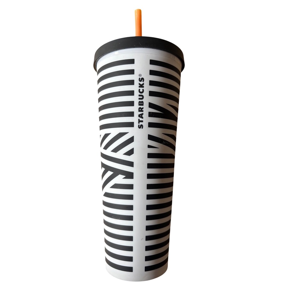 Starbucks RARE Venti Cold Cup Tumbler Black White Zebra Stripe Orange Straw 24oz